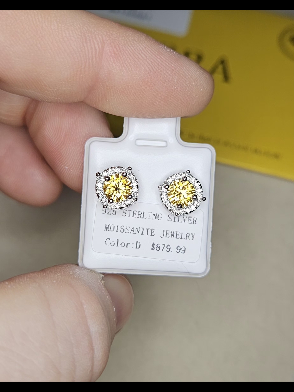Sterling Silver Yellow Moissanite Halo Screw Back Stud Earrings - Picture 6 of 6